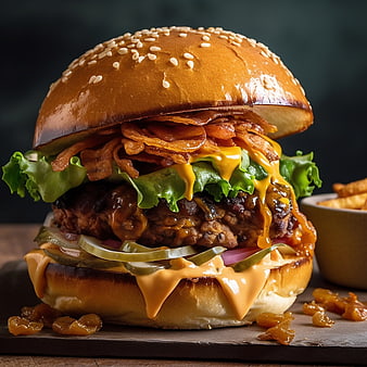 Juicy Gourmet Burger with Bacon and Cheese Close-Up
