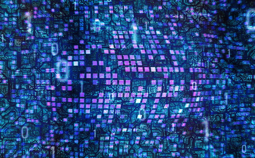 Abstract Blue Digital Circuit Board Pattern With Glowing Binary Data