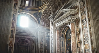 Grand Baroque Church Interior with Marble Columns and Arched Ceiling