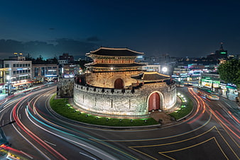 Paldalmun Gate Suwon Hwaseong Fortress Night View with Light Trails