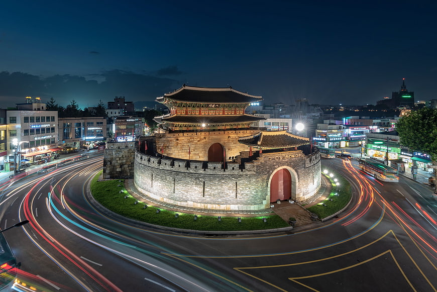 Paldalmun Gate Suwon Hwaseong Fortress Night View with Light Trails
