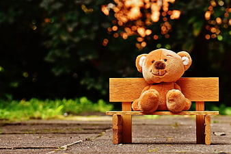Cute Brown Teddy Bear Sitting on Miniature Wooden Bench