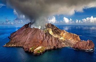 Aerial view of active Whakaari White Island volcano in New Zealand