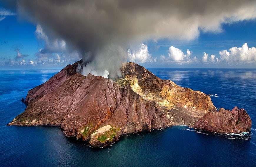 Aerial view of active Whakaari White Island volcano in New Zealand