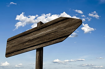 Blank wooden directional signpost against blue sky with clouds
