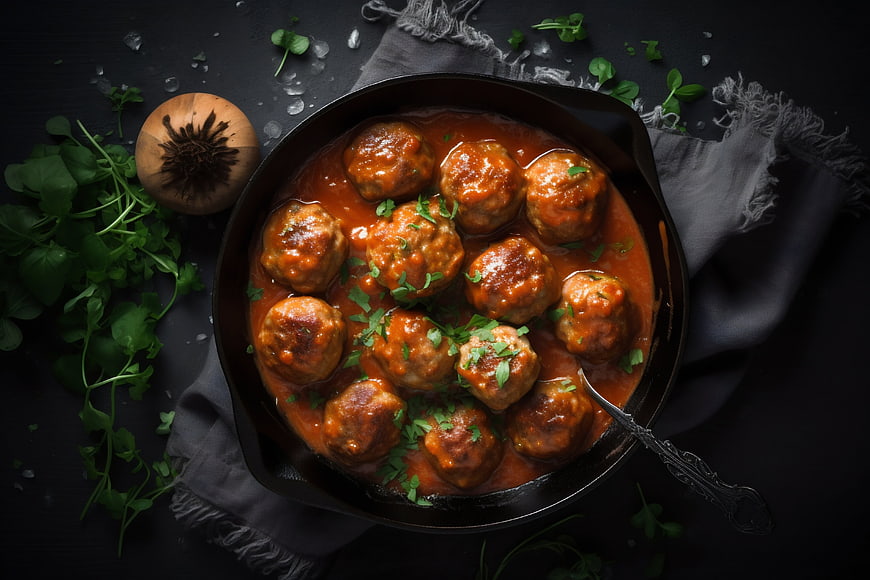 Top view of meatballs in tomato sauce in a cast iron skillet