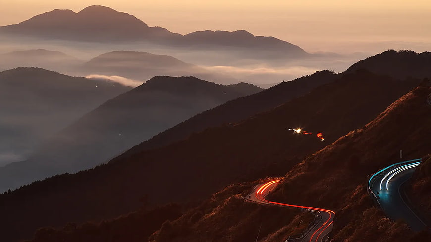 Long Exposure Winding Mountain Road at Sunset