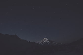 Snow-capped mountain peak under a starry night sky