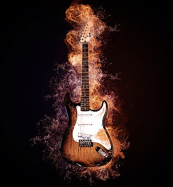 Electric Guitar With Fire And Water Splash On Black Background