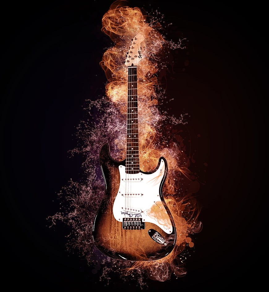 Electric Guitar With Fire And Water Splash On Black Background