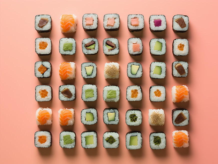Top View Assorted Sushi Rolls on Pastel Pink Background