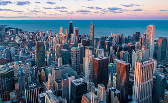 Aerial View of Chicago Skyline at Sunset Over Lake Michigan