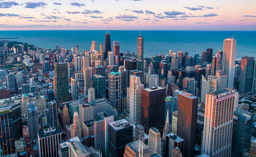 Aerial View of Chicago Skyline at Sunset Over Lake Michigan