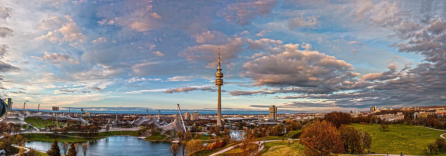 Panoramic View of Munich Olympic Park and Tower at Dusk