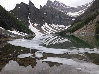 Mountain lake with ice and snow reflections in Canada