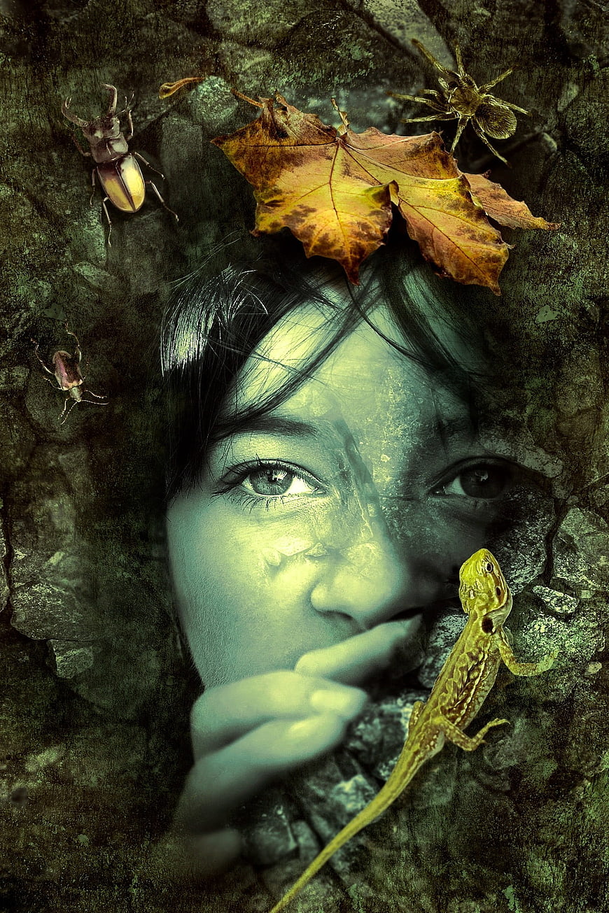 Mystical Woman's Face Blended with Nature and Insects