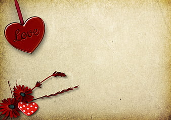 Vintage Valentine's Day Background With Red Heart Ornament And Flowers