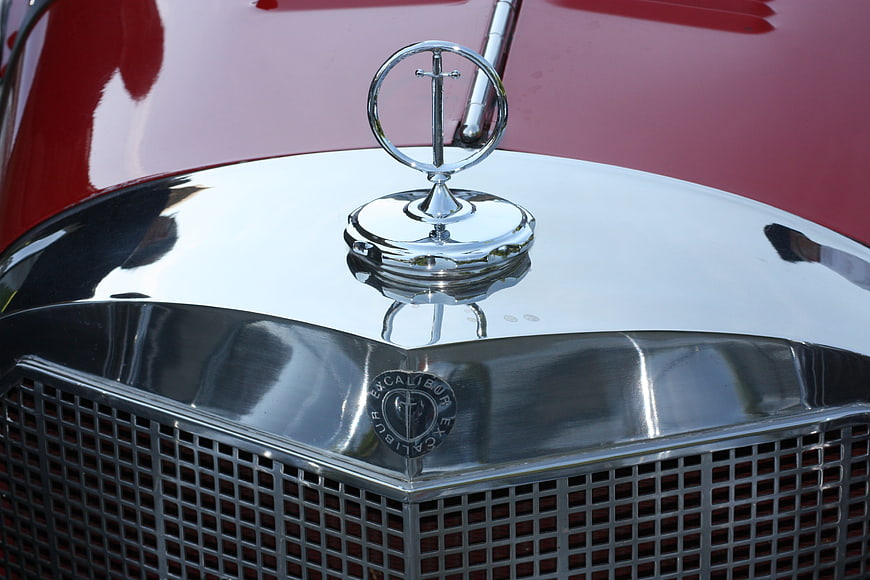 Close-up of Excalibur Classic Car Chrome Hood Ornament