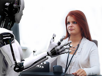 Redhead Doctor Examining White Robot with Stethoscope