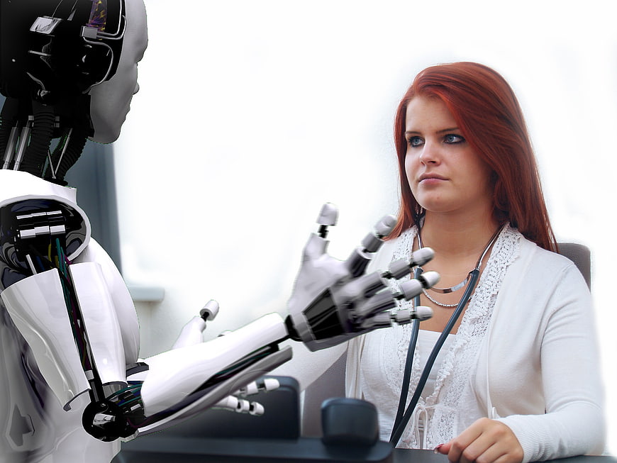 Redhead Doctor Examining White Robot with Stethoscope