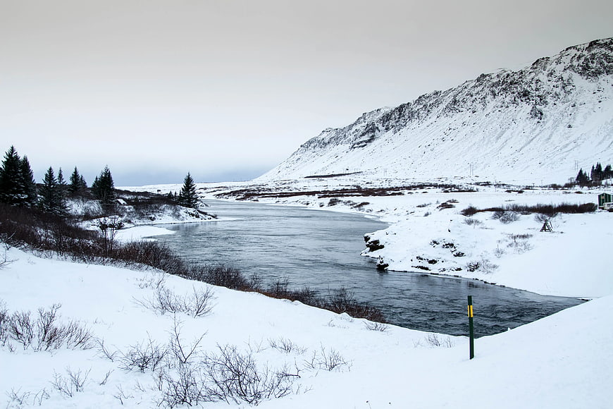 Snowy River Landscape with Mountain and Pine Trees