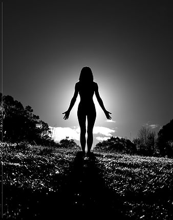 Silhouette of woman in yoga mountain pose outdoors