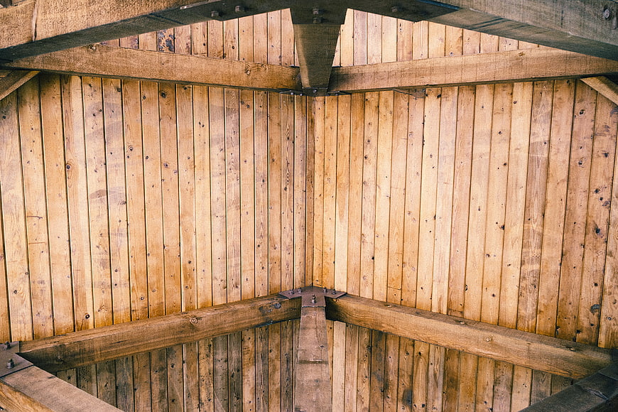 Wooden ceiling beams and planks interior architecture