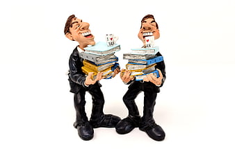 Two Funny Tax Consultant Figurines Holding Stacks of Files