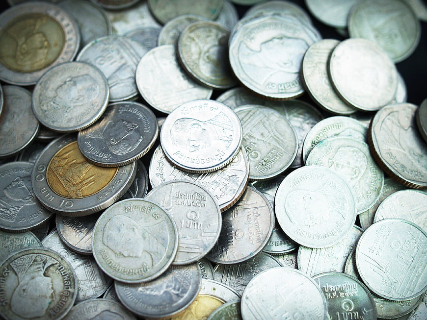 Close-up of Thai Baht coins in a pile