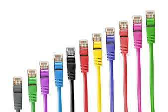 Colorful RJ45 Network Cable Connectors in Ascending Row on White Background