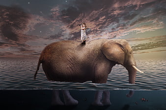 Surreal girl with camera standing on elephant in ocean