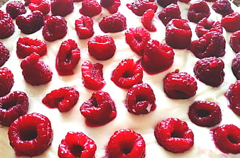 Close-up of fresh raspberries on white cream dessert
