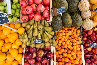 Top view of fresh fruits at a market stall