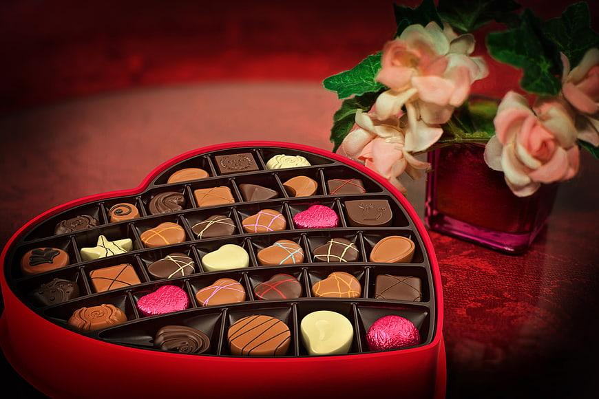 Heart-Shaped Box of Assorted Chocolates with Pink Roses