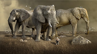 Giant elephants and tiny explorer in surreal savanna landscape
