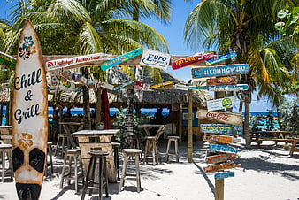Tropical Beach Bar With Colorful Directional Signpost And Surfboard