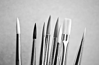 Black and white close-up of assorted paintbrush tips