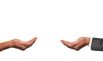Two Men's Hands Reaching Toward Each Other on White Background