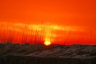 Vibrant Orange Sunset Silhouette Over Rocky Terrain