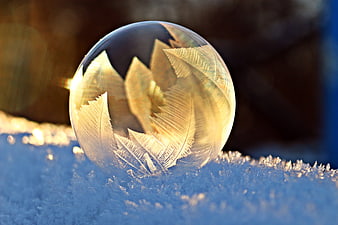 Frozen Soap Bubble with Ice Crystals on Snow