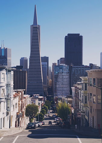 San Francisco skyline with Transamerica Pyramid and steep street