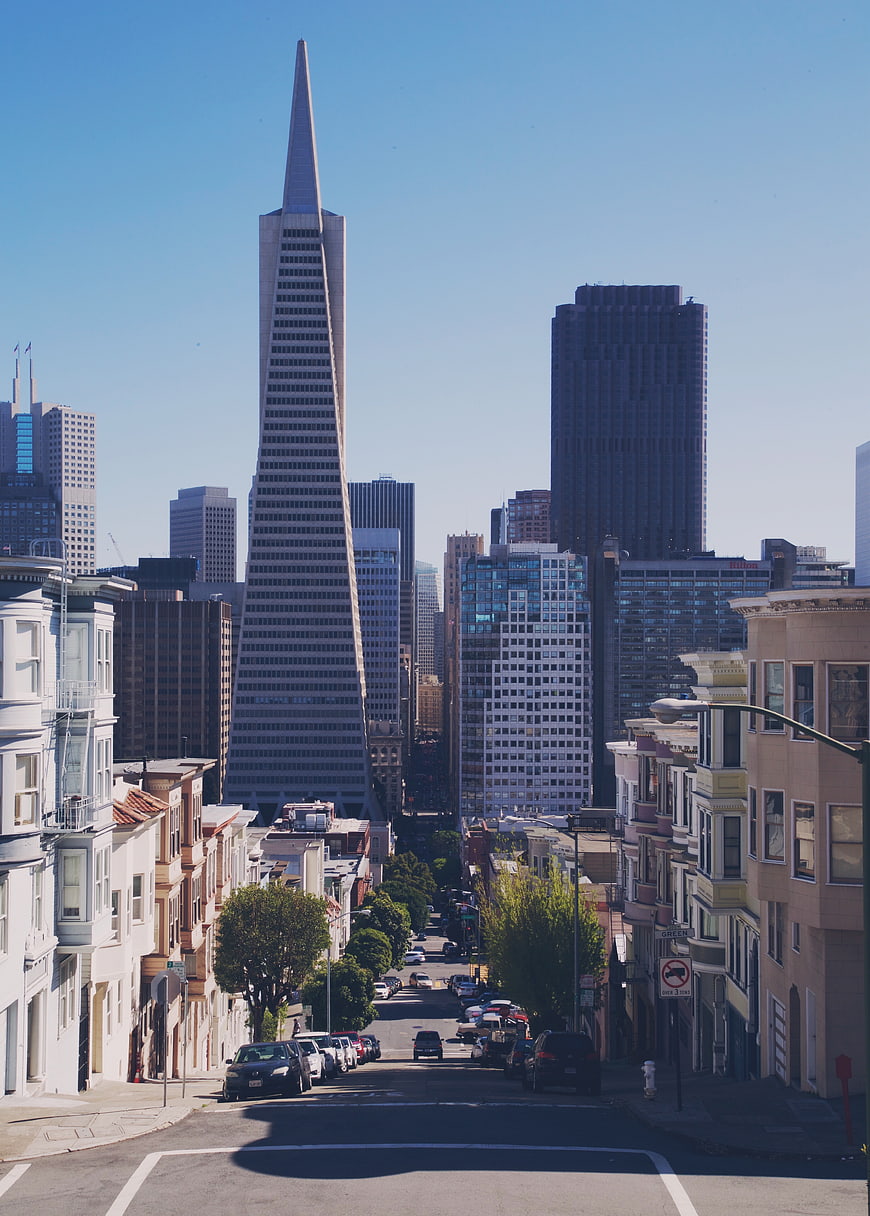 San Francisco skyline with Transamerica Pyramid and steep street