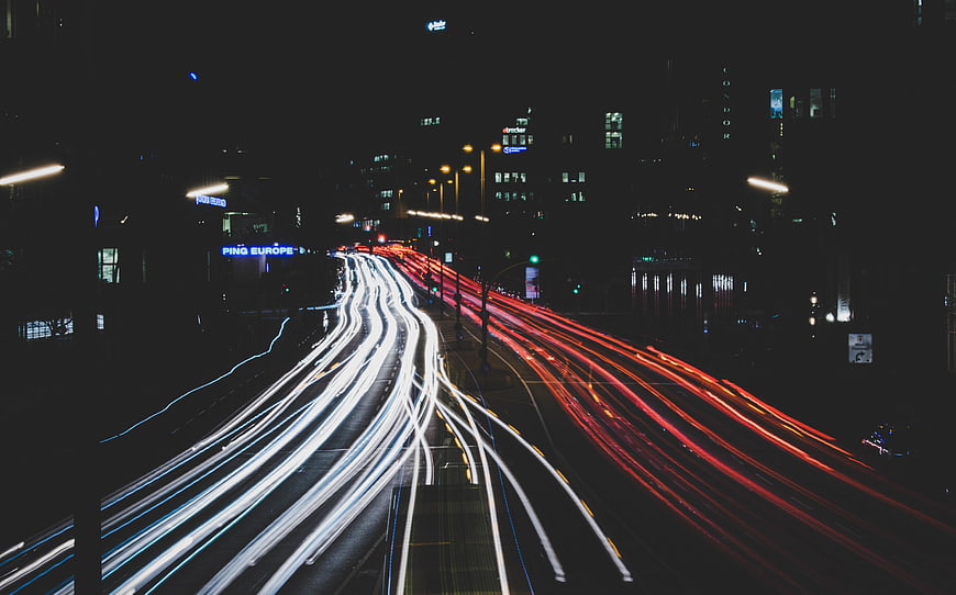 Long Exposure Night Traffic Light Trails on City Highway