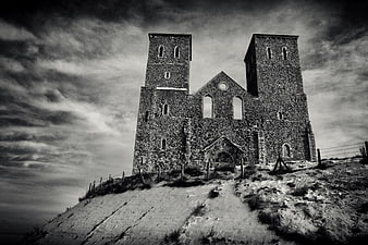 Dramatic Black and White Photo of Ancient Stone Church Ruins