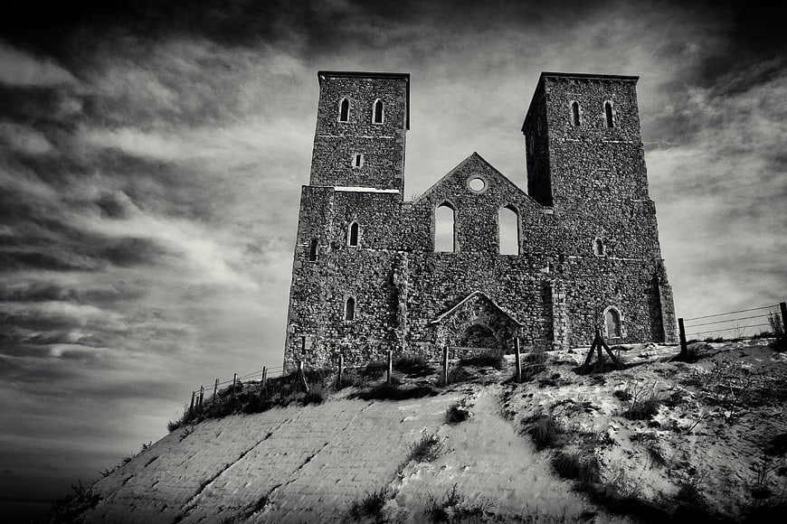 Dramatic Black and White Photo of Ancient Stone Church Ruins
