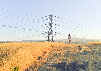 Woman Walking Near High Voltage Tower in Golden Field