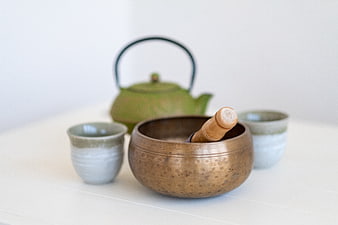 Singing Bowl and Green Tea Set for Zen Meditation