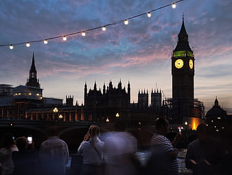 Big Ben and Houses of Parliament at Dusk with Tourists