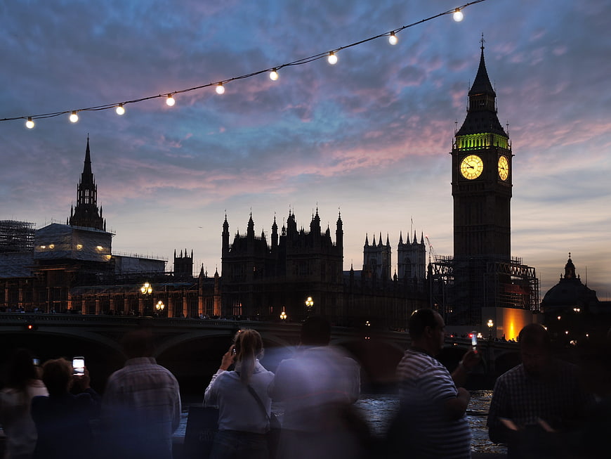 Big Ben and Houses of Parliament at Dusk with Tourists