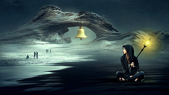 Surreal fantasy woman with lantern on dark beach